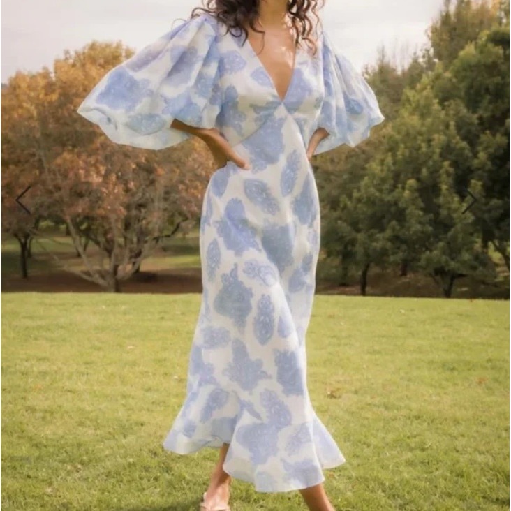 Keepsake Clearway White Blue Paisley Midi Dress Size Xxs 00 Puff Sleeves Ruffle